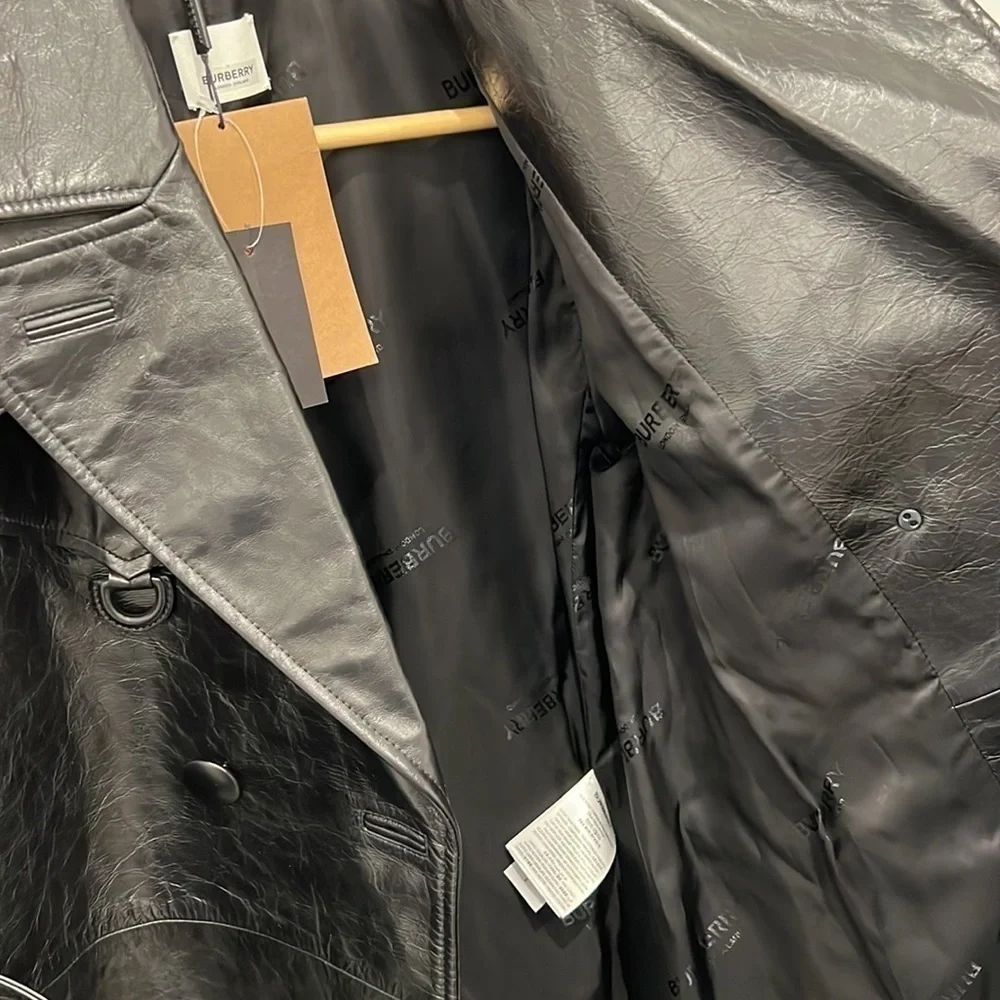 Burberry | NWT D-Ring Detail Crinkled Leather Trench Coat in Black - Size IT 42 - Picture 13 of 16